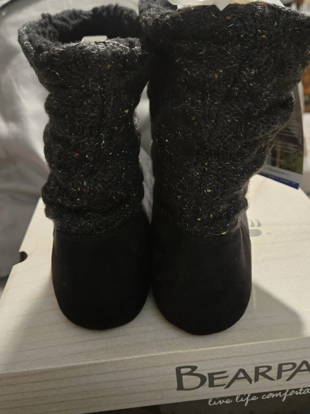 BearPaw Black Faux-Suede Ankle Boots with Knit Cuff Size 11W